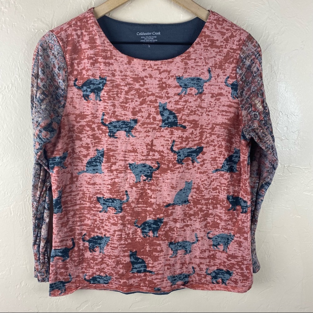 Coldwater Creek Orange Gray Black Rust Cat Long Sleeve Top T-shirt Small